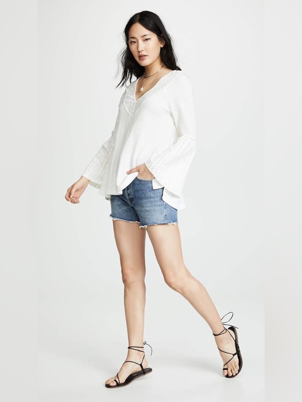 Free People White Parisian Top Long sleeve white with eyelets